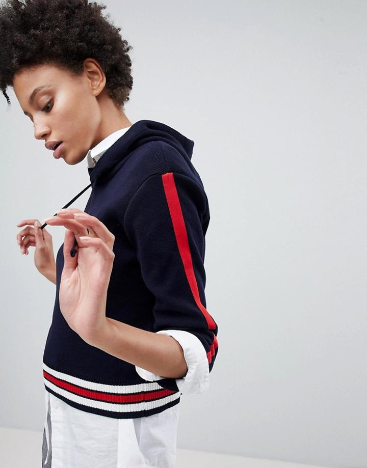 Stradivarius Knitted Contrast Stripe Hoodie - Navy