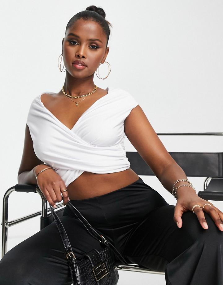 Asos Design Cross Over Bardot Top With Short Sleeves In White