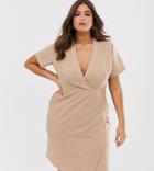 Unique21 Natural Linen Short Sleeve Wrap Dress - Brown