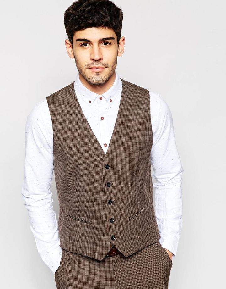 Selected Homme Skinny Houndstooth Vest With Stretch - Brown