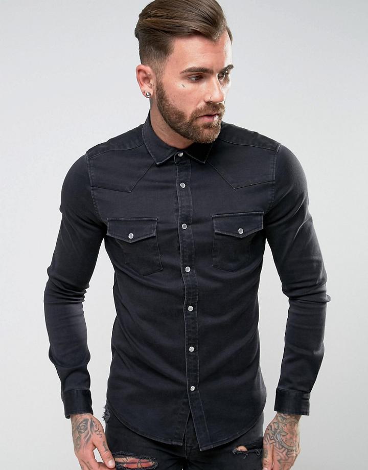 Asos Skinny Western Denim Shirt In Black - Black