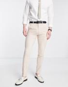 Asos Design Skinny Wool Mix Pants In Basketweave Texture In Stone-neutral