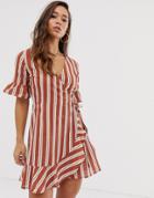 Boohoo Wrap Mini Dress With Frill Detail In Stripe - Multi