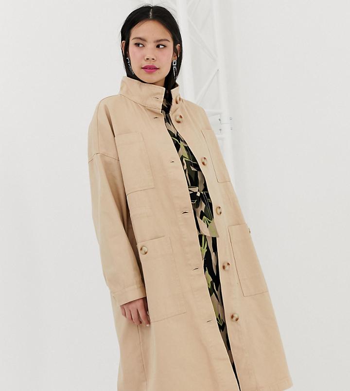 Monki Midi Lightweight Coat With Oversized Pockets In Beige