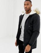 Pull & Bear Fleece Lined Parka In Black With Fur Trim Hood - Black