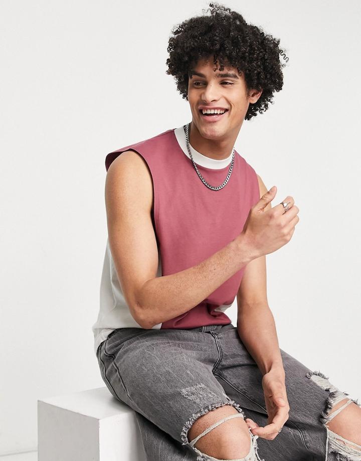 Asos Design Relaxed Tank Top In Soft Red With Off White Color Block Panels