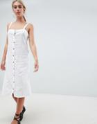 Asos Design Midi Beach Dress In Linen With Tortoiseshell Buttons - White