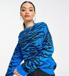 Asos Design Petite Crew Neck Sweater With Animal Pattern In Blue