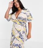 Influence Plus Wrap Front Midi Dress In Floral Print-navy