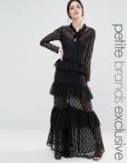 True Decadence Petite Long Sleeve Tiered Lace Frill Maxi Dress - Black