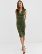 Asos Design Wrap Collared Pencil Midi Dress In Khaki-green