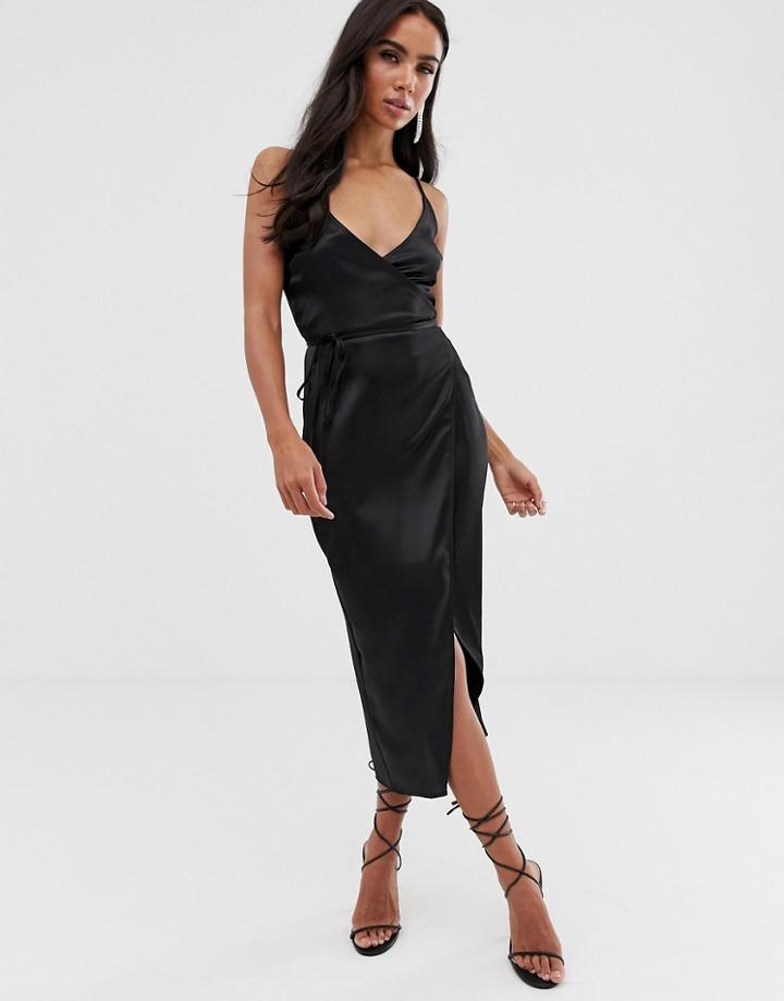 Asos Design Cami Midi Wrap Dress In Satin-black