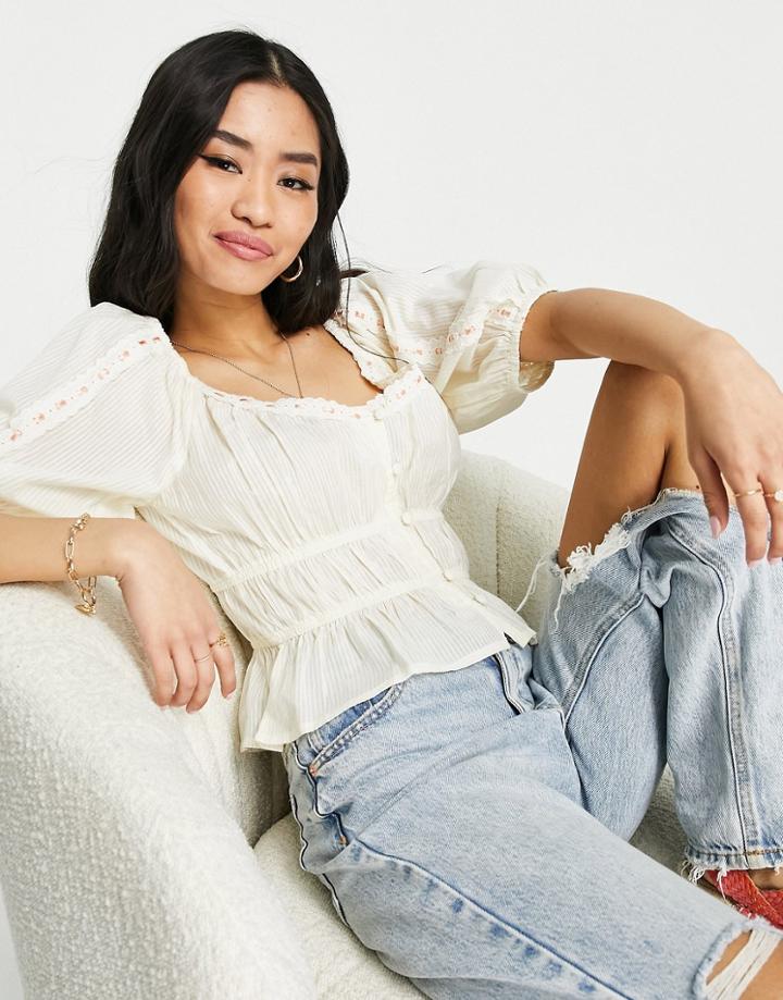 Asos Design Tea Blouse With Ribbon Trim In Cream-white