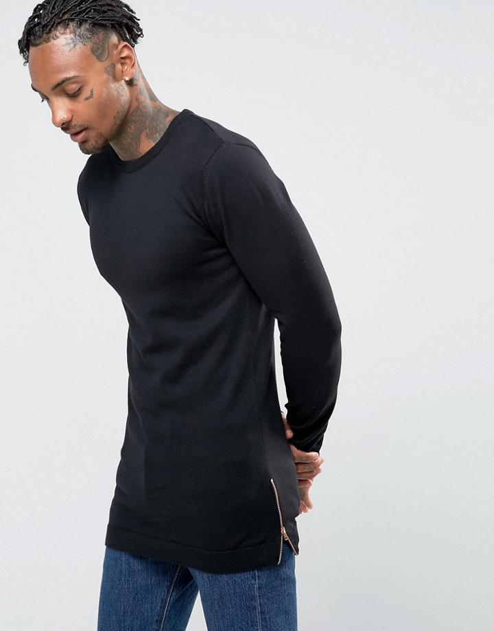 Asos Muscle Fit Longline Sweater With Side Zips In Black - Black