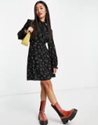 New Look Tie Neck Detail Smock Mini Dress In Black Cherry Print