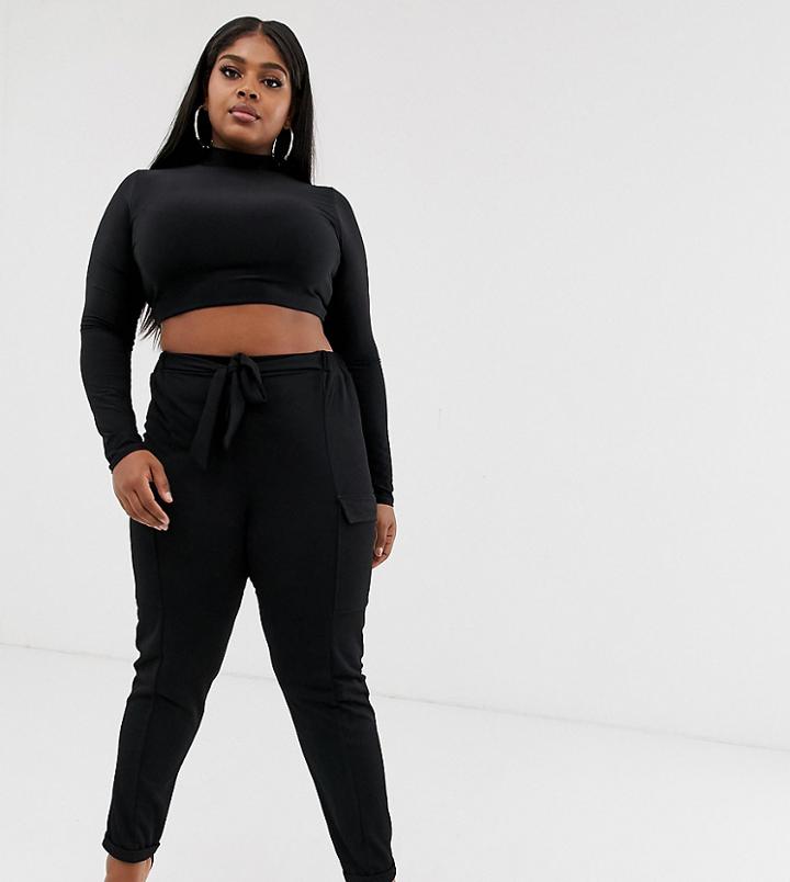 Pink Clove Tie Waist Cargo Pants In Black - Black