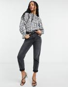 Asos Design High Neck Textured Plaid Top With Shirred Neck-multi