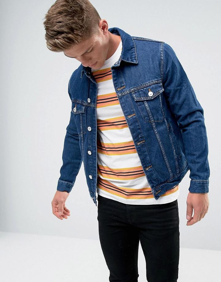 Bershka Regular Fit Denim Jacket In Mid Wash - Blue