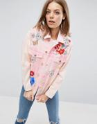 Asos Denim Forget Me Not Hand Printed Jacket In Washed Pink - Pink