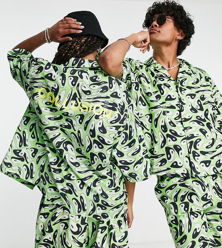 Collusion Unisex Yin Yang Print Beach Shirt In Green - Part Of A Set