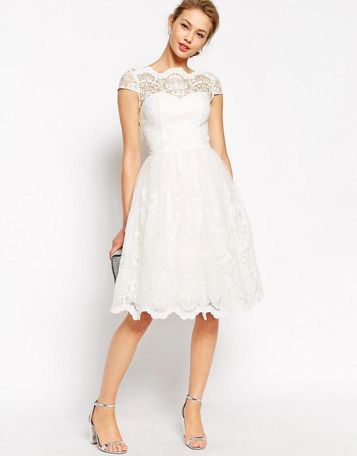 Chi Chi London Premium Lace Midi Prom Dress With Bardot Neck - White