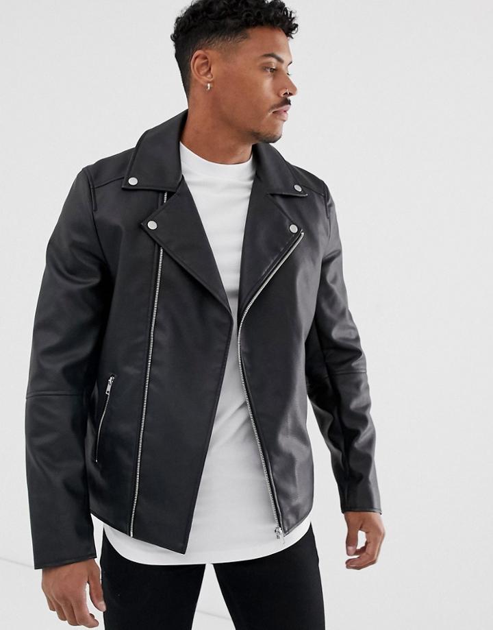 Asos Design Faux Leather Biker Jacket In Black