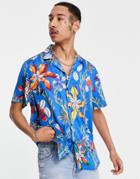 Asos Design Relaxed Revere Shirt In Underwater Shell Print In Satin-blues