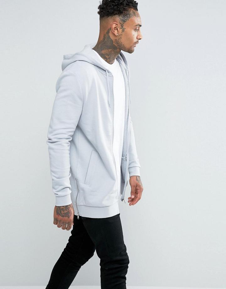 Asos Longline Hoodie With Side Zips In Light Blue - Blue