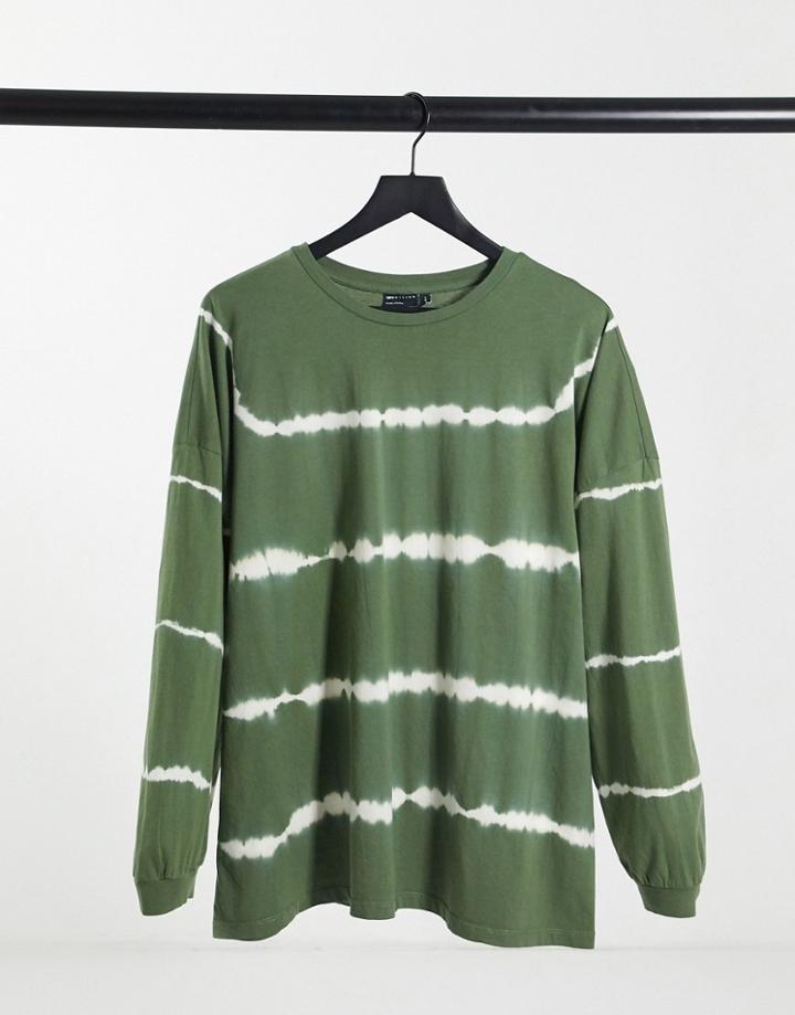 Asos Design Oversized T-shirt With Long Sleeve In Tie Dye Stripe In Khaki-green