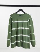 Asos Design Oversized T-shirt With Long Sleeve In Tie Dye Stripe In Khaki-green