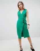 Asos Design V Neck Wrap Dress With Button Detail - Green