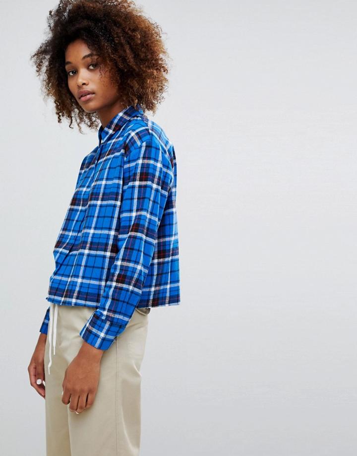 Asos Design Cropped Shirt In Blue Check - Multi