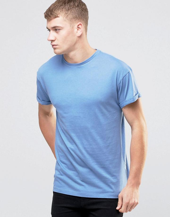 New Look Roll Sleeve T-shirt In Blue - Blue
