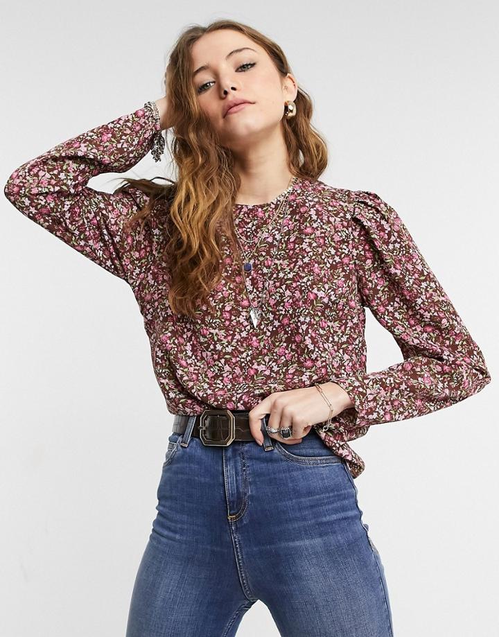 Only Floral Blouse With Shoulder Detail In Purple Floral Print-multi