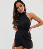 Asos Design Petite Denim Halterneck Romper In Washed Black