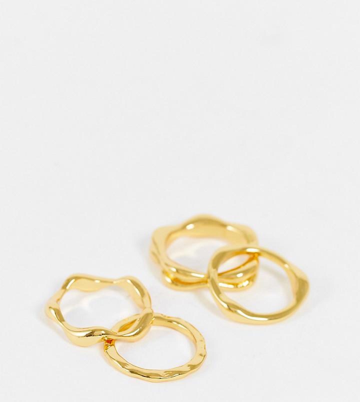 Asos Design Curve 14k Gold Plated Pack Of 4 Rings In Wavy Melt Design