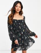 Asos Design Square Neck Pleated Mini Skate Dress In Dot Floral Print-multi