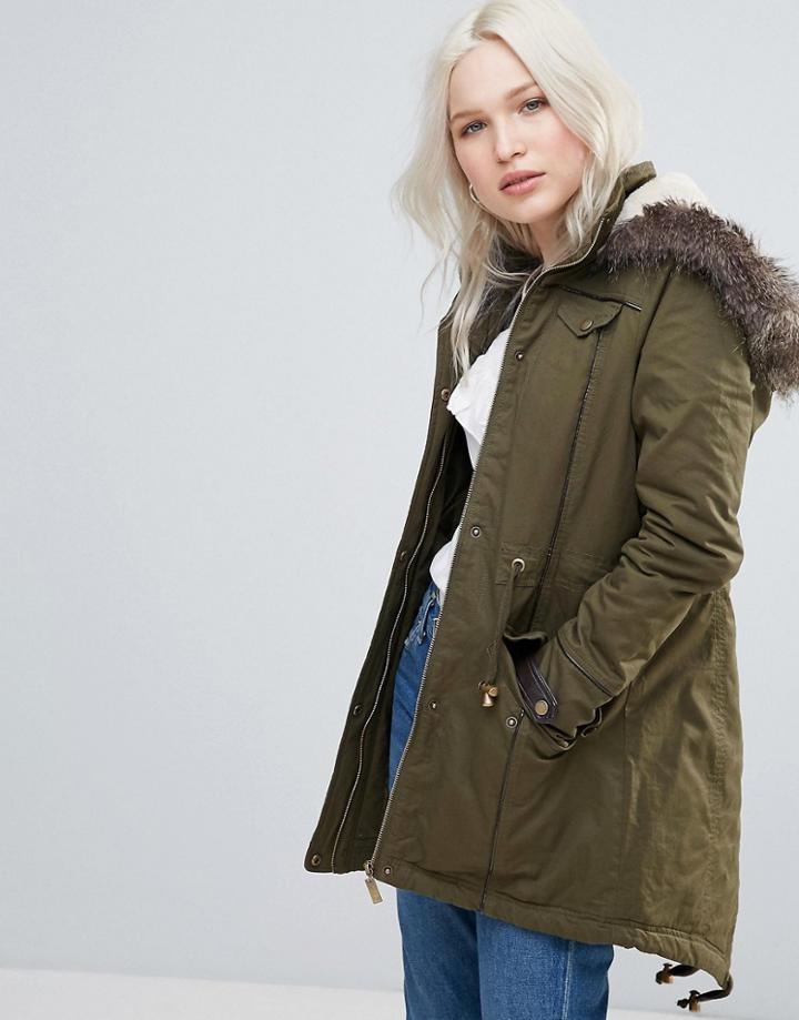 Brave Soul Parka Coat In Mid Length With Faux Fur Hood-green