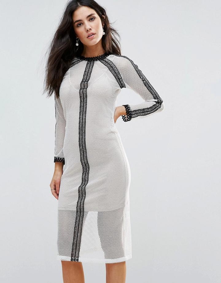Goldie Vibration Mesh Midi Dress With Lace Trim Inserts And Slip Dress - Cream