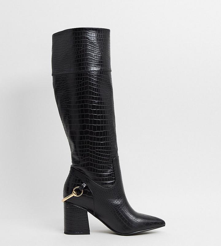 Asos Design Wide Fit Collins Block Heel Knee Boots In Black Croc