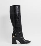 Asos Design Wide Fit Collins Block Heel Knee Boots In Black Croc