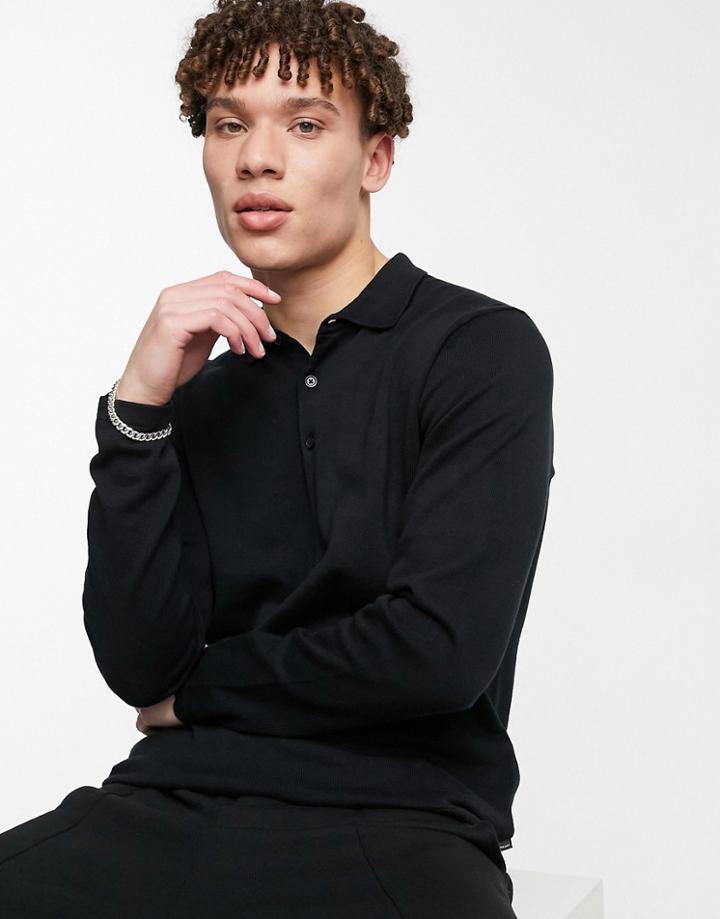 Jack & Jones Premium Long Sleeve Knit Polo In Black