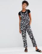 Neon Rose Floral Print Overalls - Black