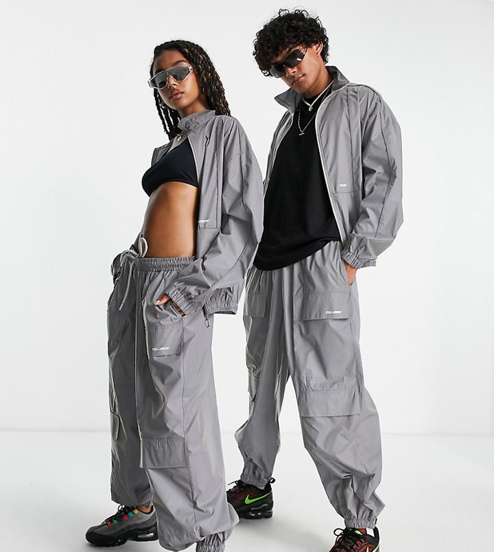 Collusion Unisex Oversized Cargo Sweatpants In Silver Reflective Fabric - Part Of A Set
