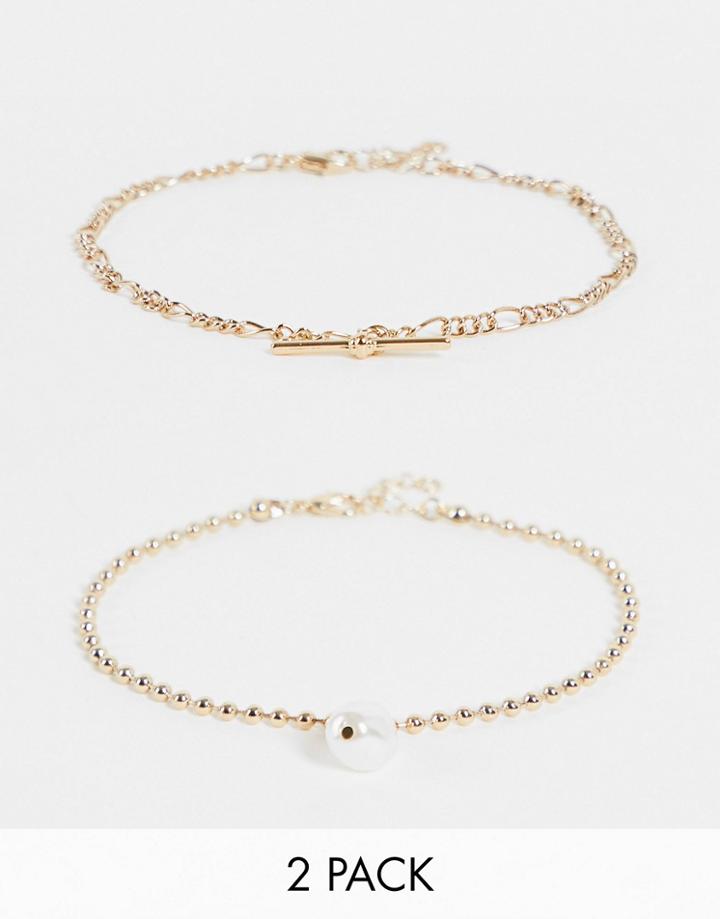 Topshop 2 Pack Drop Heart Anklet In Gold