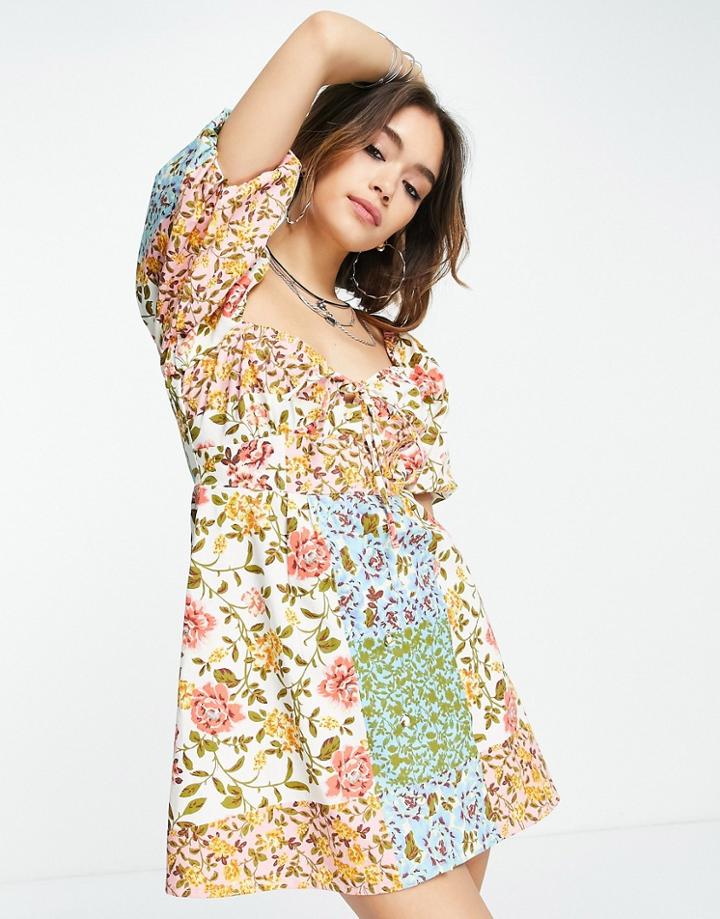 Asos Design Twill Button Through Sweetheart Mini Tea Dress In Mixed Floral Print-multi