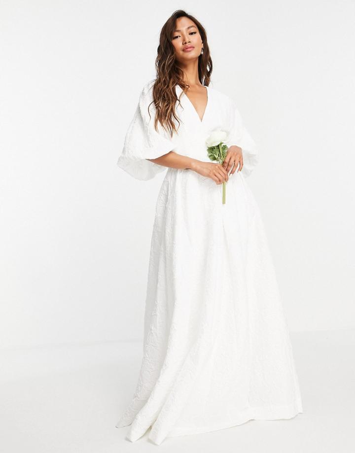 Asos Edition Winnie Pleat Waist Wedding Dress In Textured Floral-white