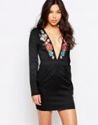 Daisy Street Dress With Plunge Neck And Embroidered Detail - Black