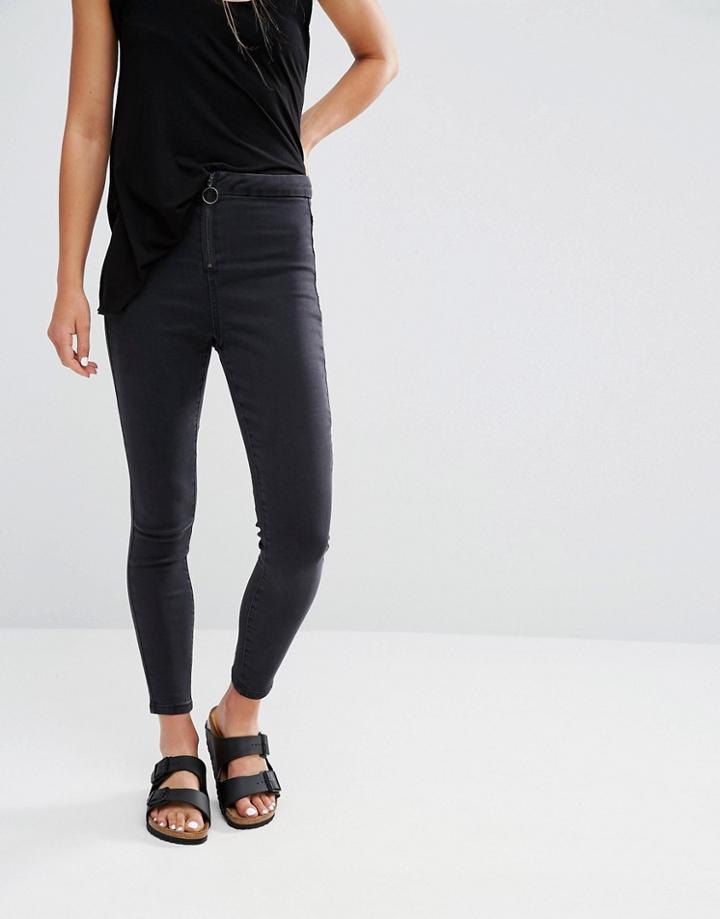 New Look Pull Ring Zip Front Skinny Jeans - Black