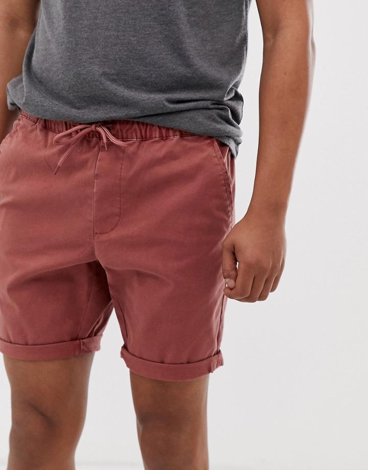 Asos Design Skinny Chino Shorts With Elastic Waist In Washed Red - Red